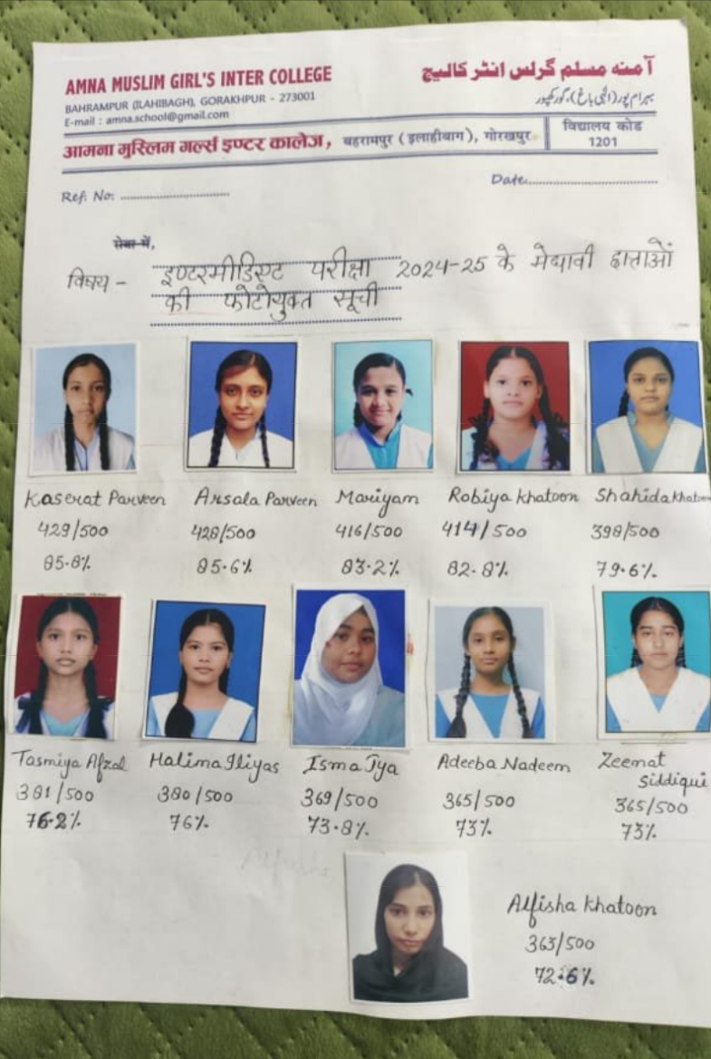 आमना मुस्लिम गर्ल्स इंटर कॉलेज की छात्राओं का उत्कृष्ट प्रदर्शन
